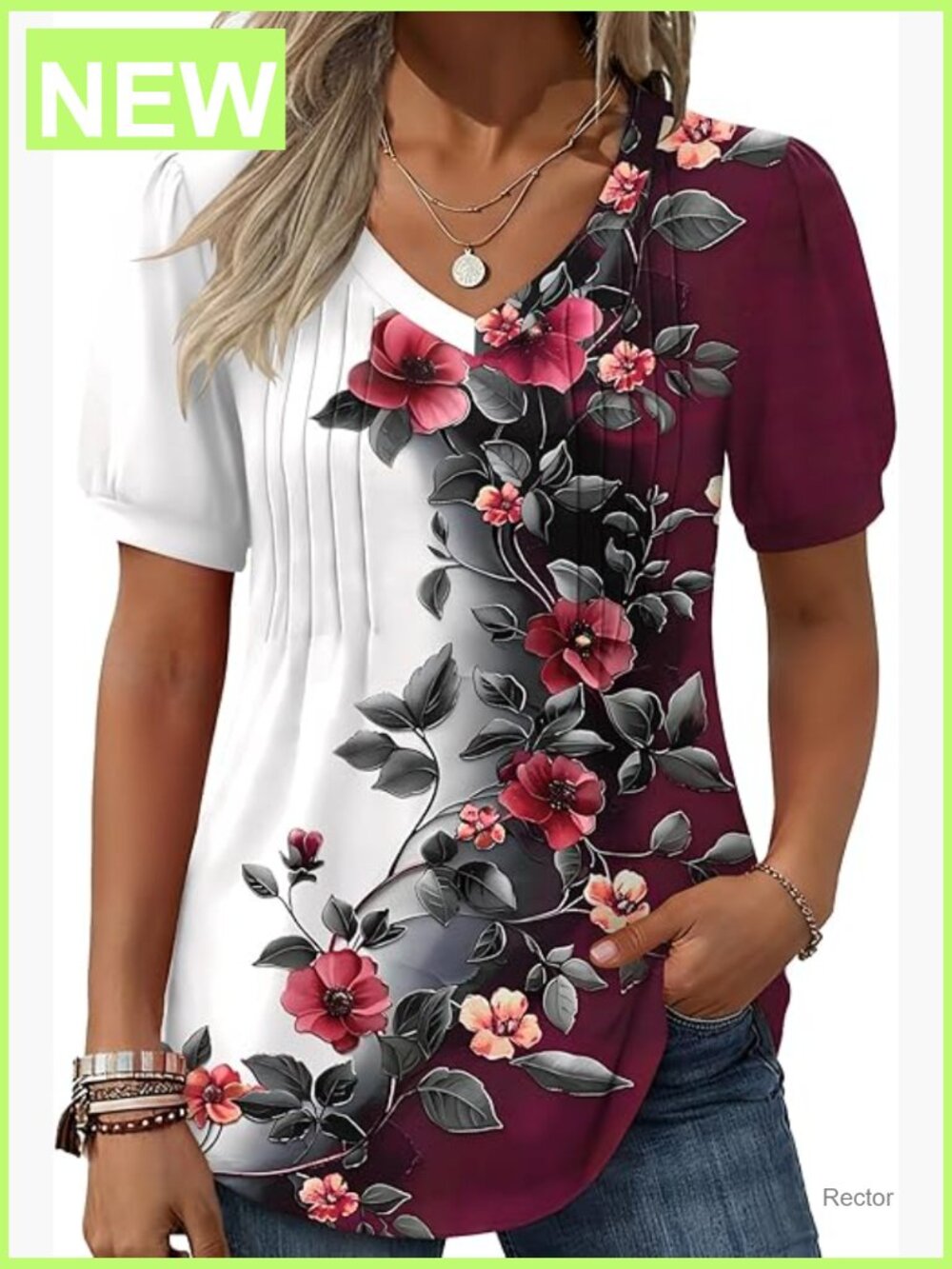 Puff Short Sleeve Boho Shirt Casual V Neck Floral Solid Blouse Pleated Tunic Top